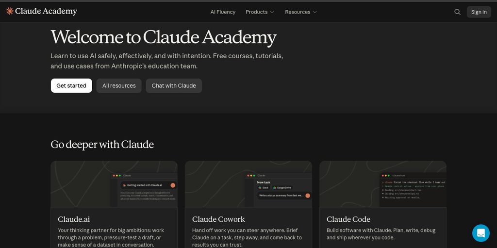 Claude Academyのトップページ（英語で表示された状態）