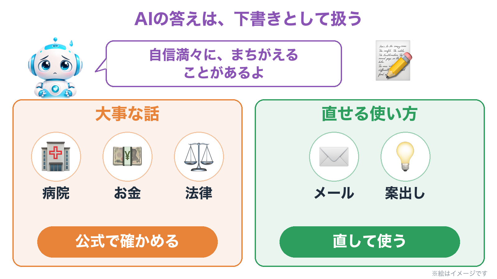 AIの答えは下書き。大事な話は公式で確かめ、下書きや案出しは直して使う
